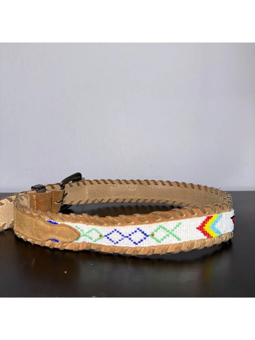 Vintage Suede Leather Beaded Thunderbird Southwestern Western Womens Belt Small
